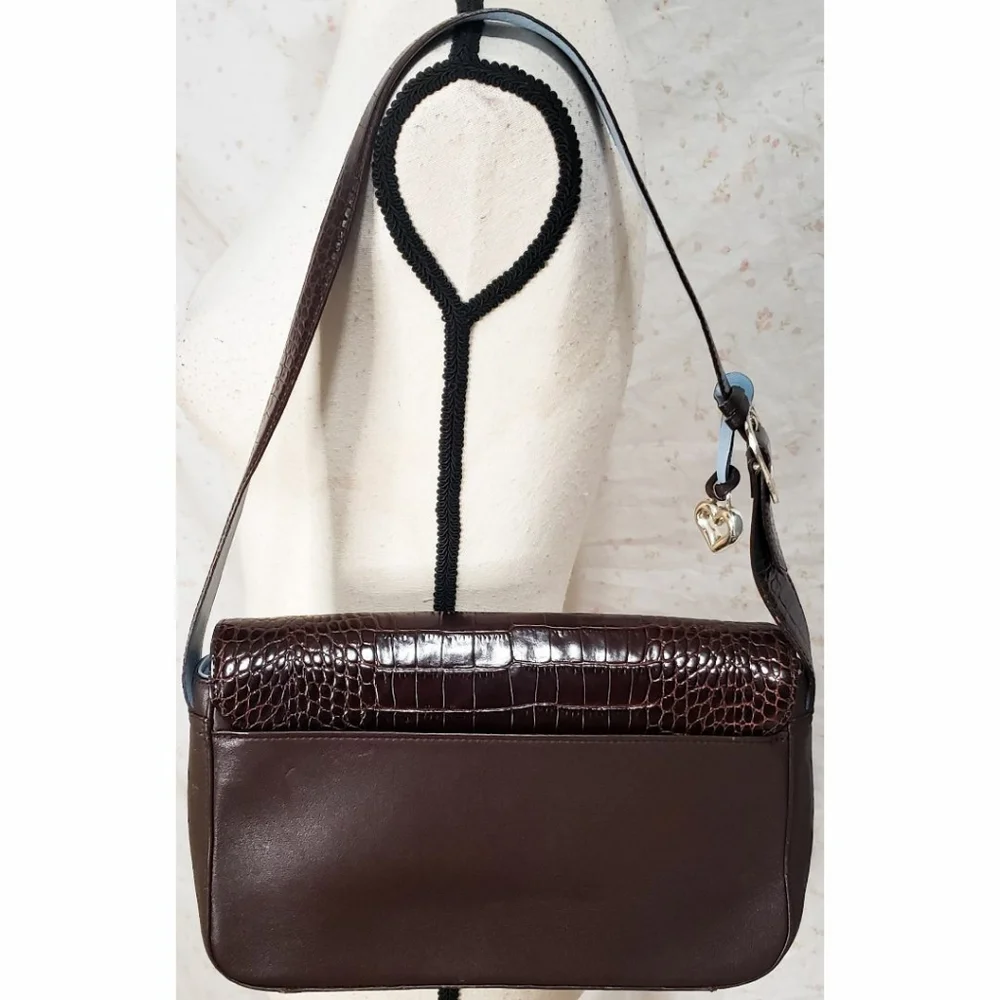 Brighton Brown Leather Crocodile Shoulder Bag Flap Purse Heart Charm Adjustable